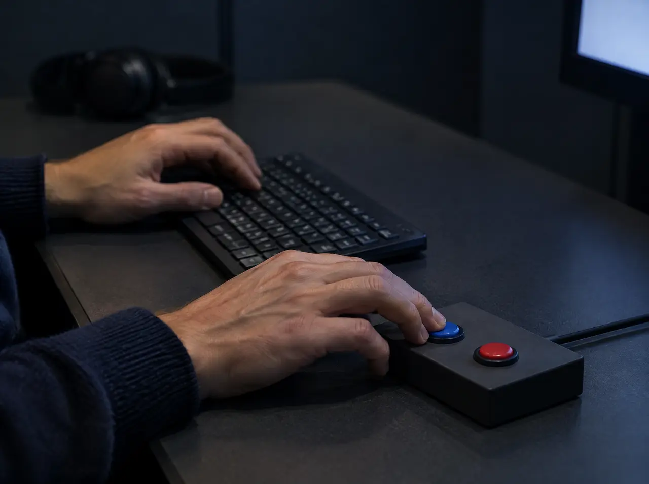 Hände an Tastatur und Reaktionstest-Bedienfeld